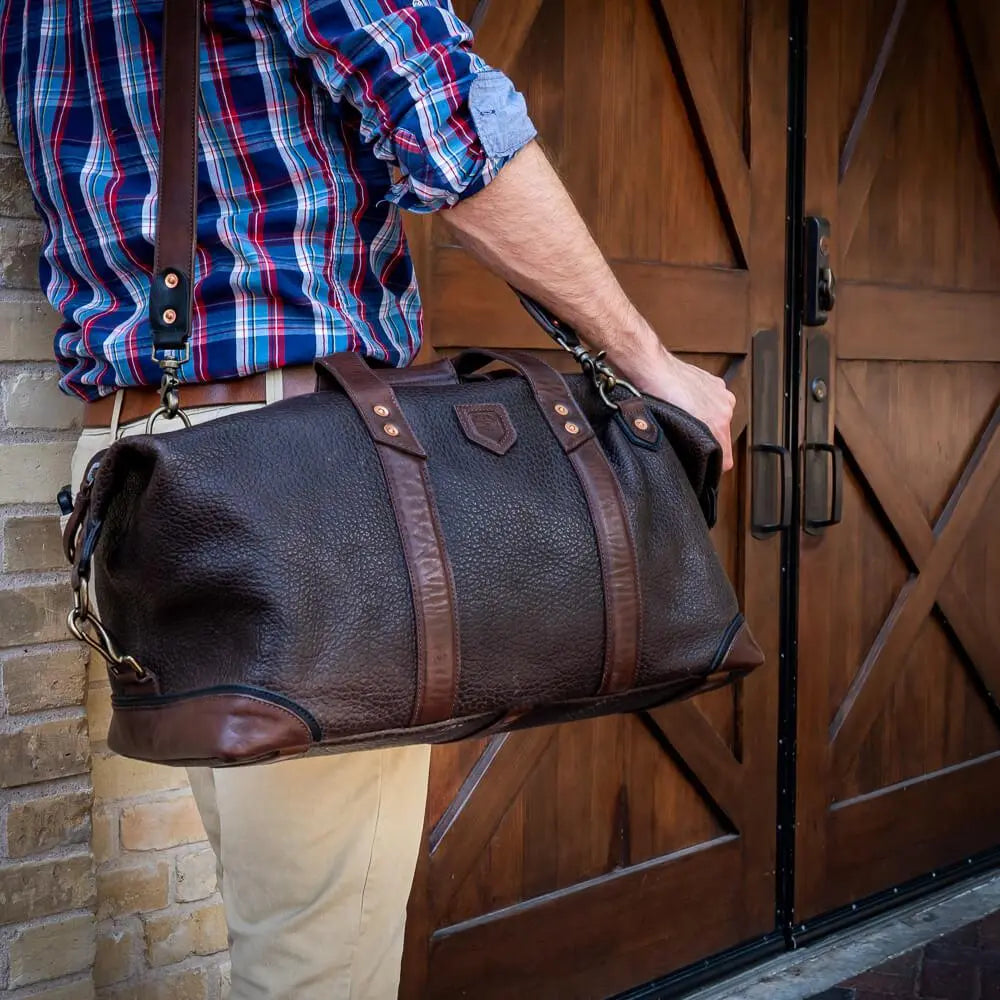 Theodore Leather Weekender Duffle Bag by Mission Mercantile Leather Goods, handmade leather goods detail photo 2