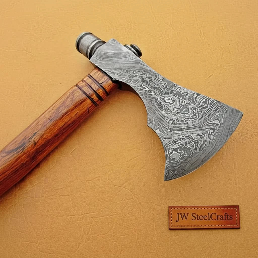 Damascus Smoking Axe with Leather Sheath and Ringed Rosewood Handle by JW SteelCrafts, leather knife sheath main product photo
