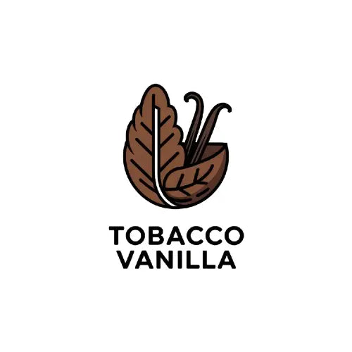Tobacco vanilla logo with tobacco leaf and vanilla bean graphic.