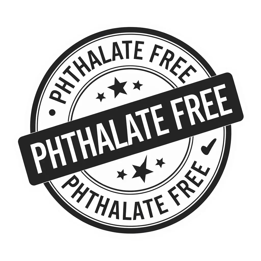 Black and white round stamp that says "PHTHALATE FREE" with stars and a check mark.