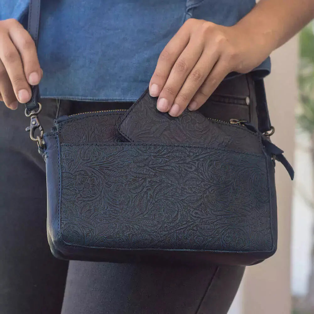 Tooled Leather Crossbody Bag by Mission Mercantile Leather Goods, natural skincare detail photo 3