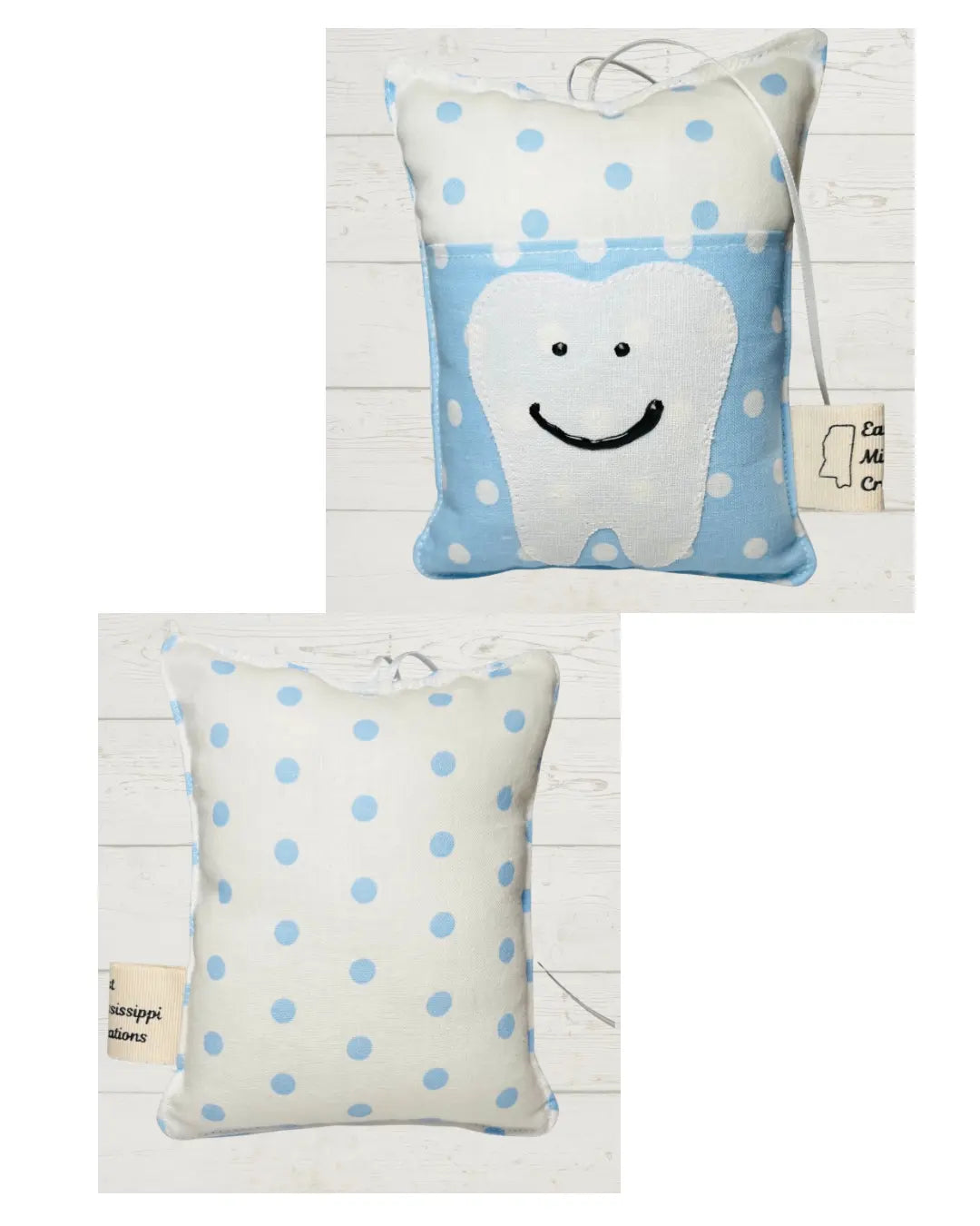 Tooth fairy pillow with a tooth pocket, polka dots, and a smiling tooth design.