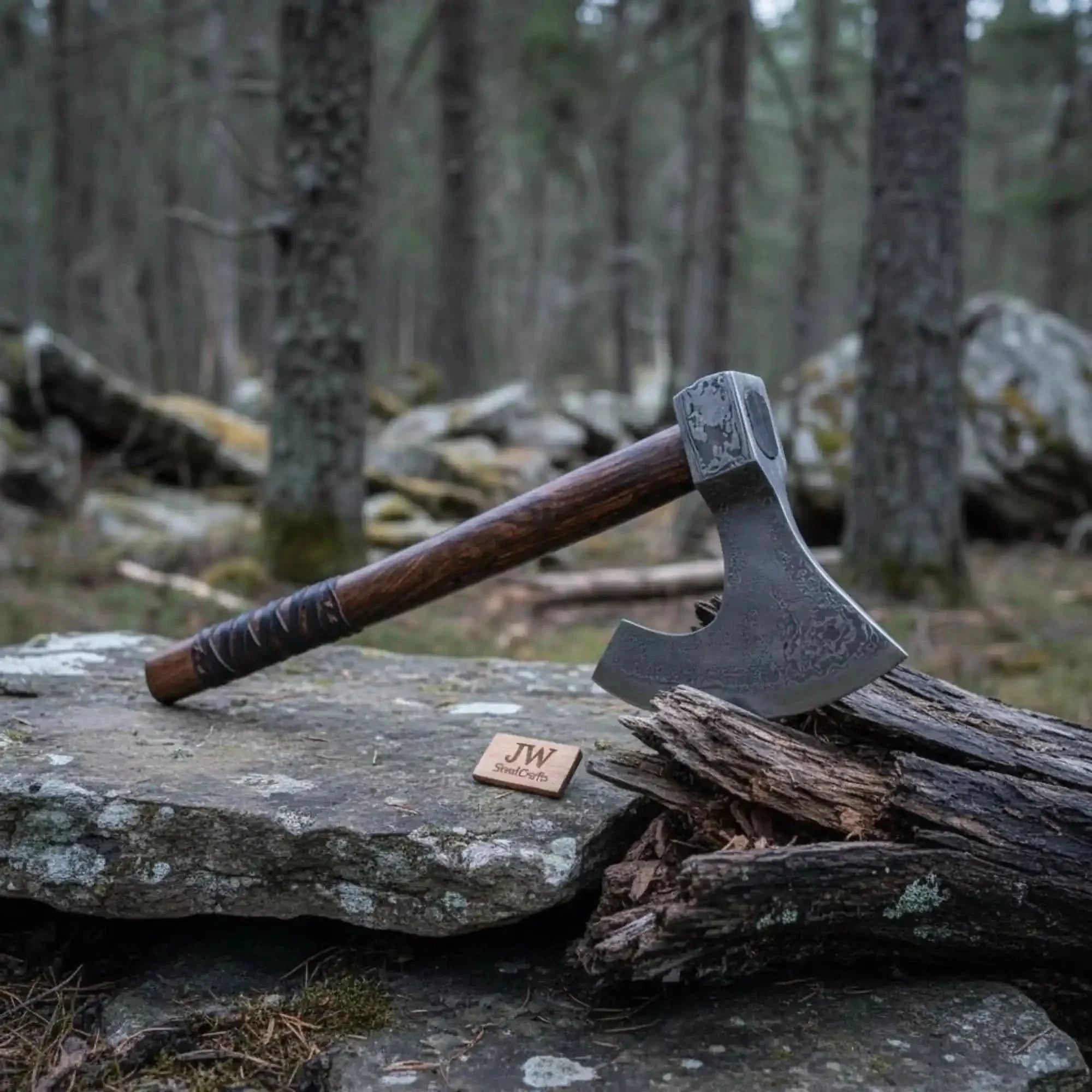 Handmade Damascus Steel Bearded Viking Axe with Hardwood Handle – Custom Forged Norse Camp Axe | JW SteelCrafts by JW SteelCrafts, Southern lifestyle apparel detail photo 2