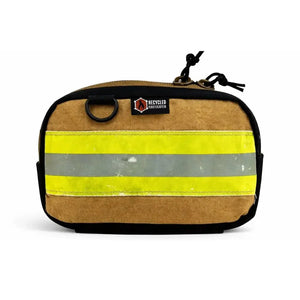 Tan firefighter bunker gear fanny pack with yellow and grey reflective stripes and a "Recycled Firefighter" logo.
