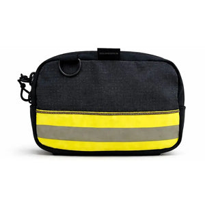 Black fanny pack with yellow and gray reflective stripes made from bunker gear.