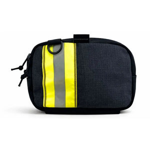 Dark gray fanny pack with yellow and gray reflective stripes and D-ring.