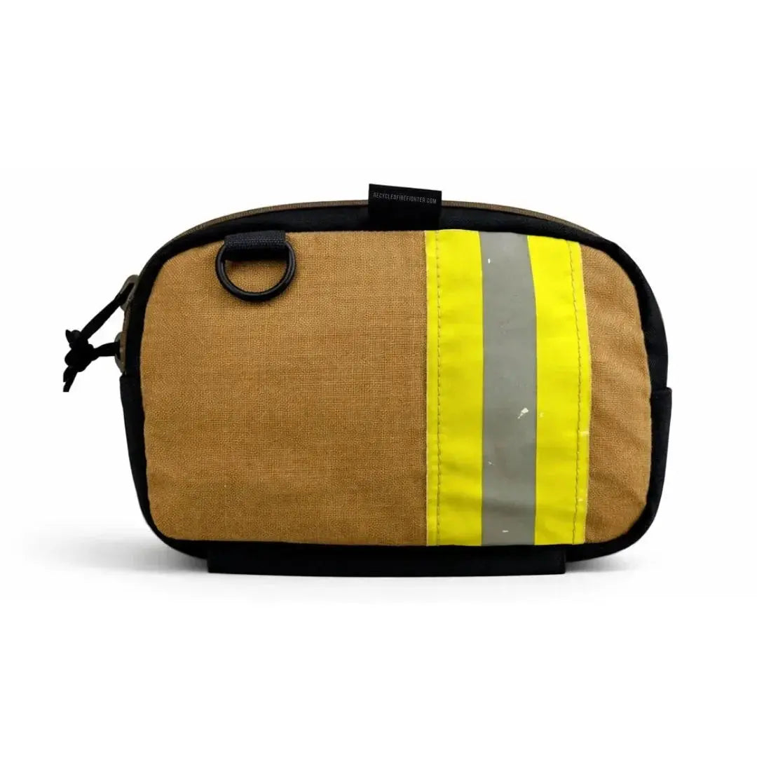 Brown fanny pack with yellow and gray reflective stripes and a black D-ring.