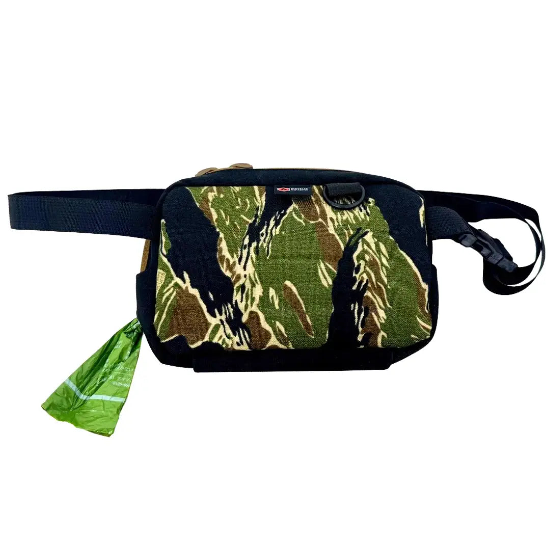 TrailHound fanny pack with tiger stripe camo pattern and dog waste bag dispenser.