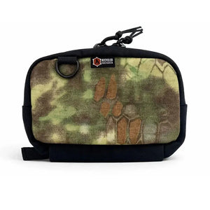 Camouflage fanny pack with black trim and Recycled Firefighter logo.