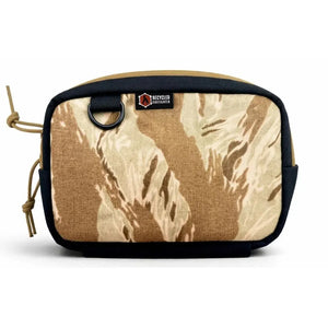 Brown and tan tiger stripe fanny pack with black trim and a D-ring.