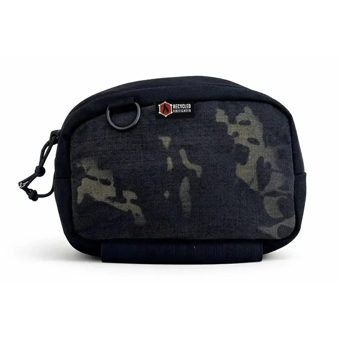 Black camo Cordura fanny pack with Recycled Firefighter logo.