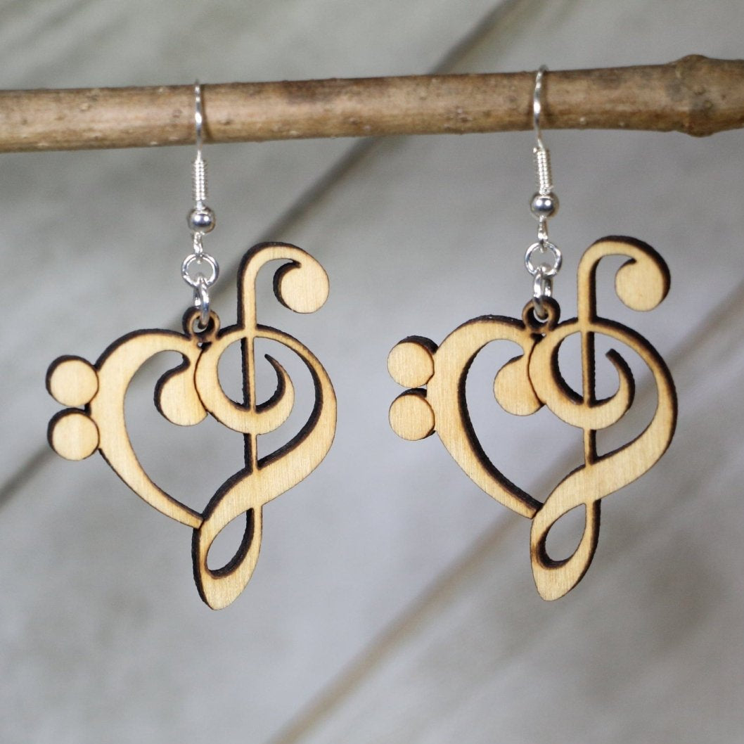 Treble and Bass Clef Heart Wooden Dangle Earrings | Music Jewelry by Cate's Concepts, LLC, handmade jewelry main product photo