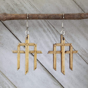 Triple Cross Wooden Dangle Earrings | Cross Symbol Jewelry detail view by Cate's Concepts, LLC