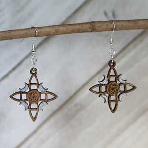 Triple Moon Pentacle Wooden Dangle Earrings | Wiccan Pagan Jewelry