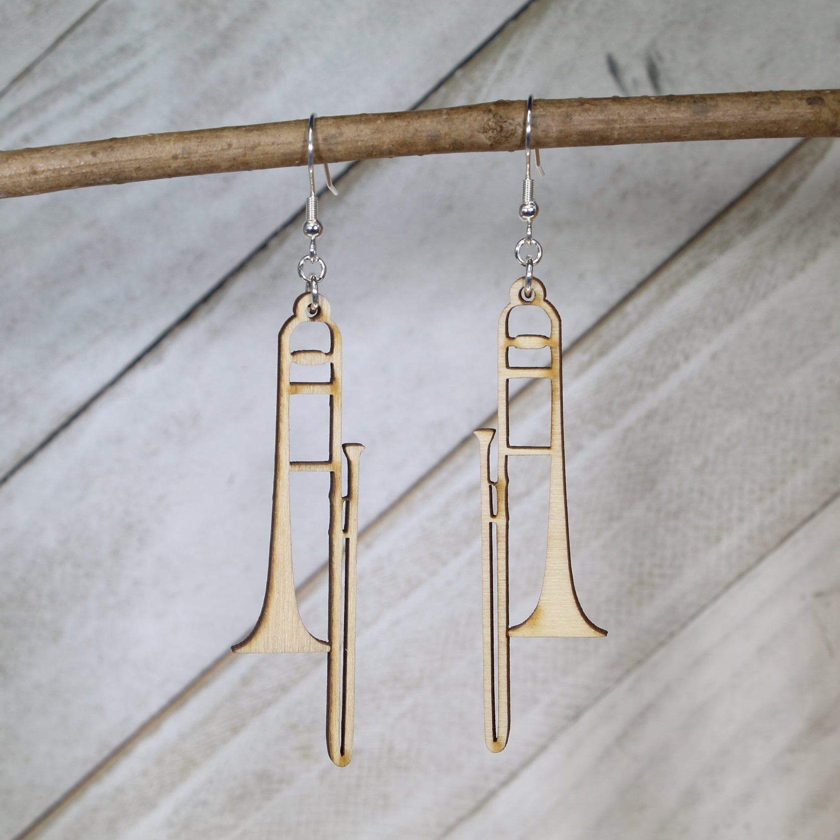 Trombone Wooden Dangle Earrings | Band Instrument Jewelry detail view by Cate's Concepts, LLC