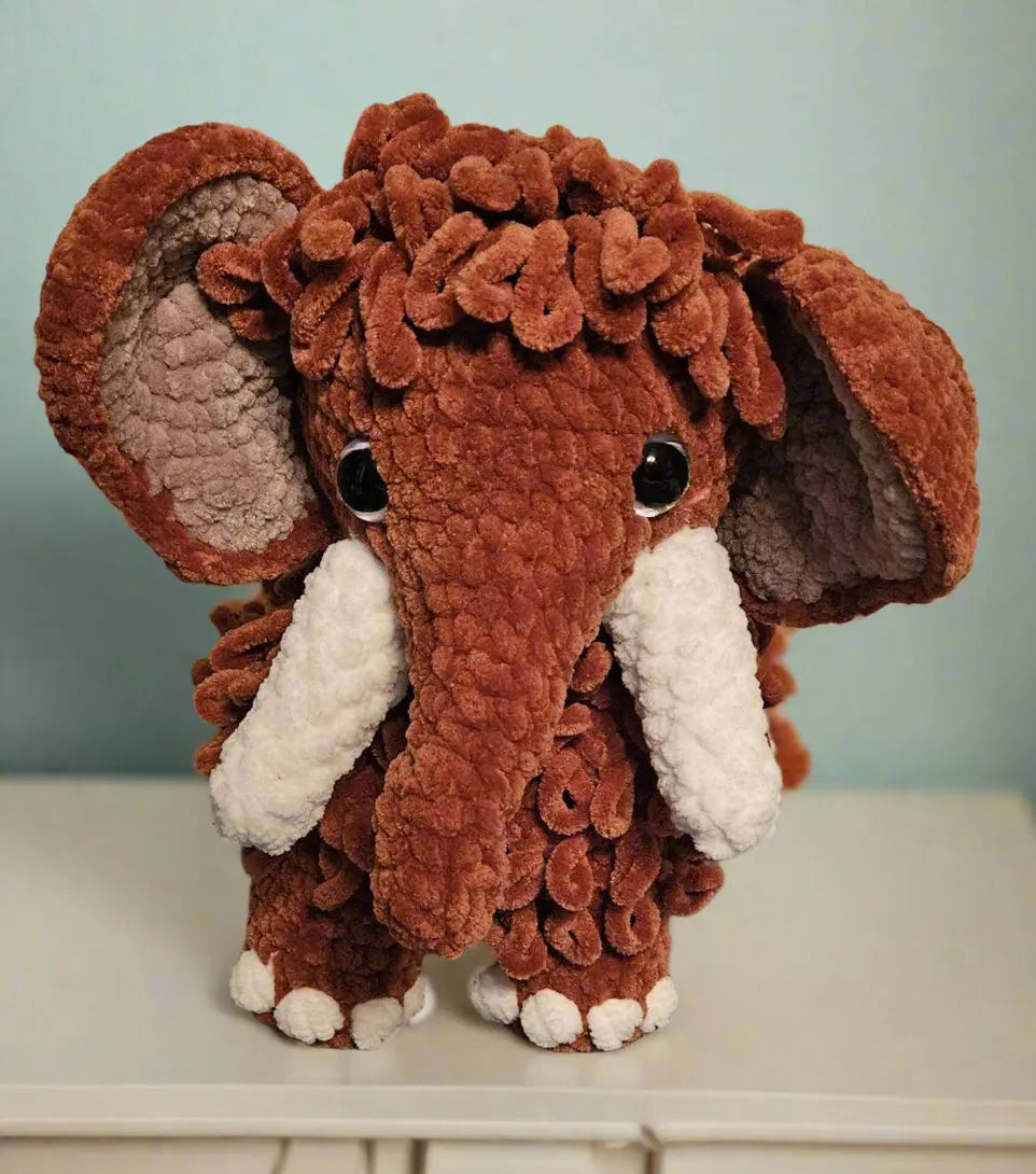 Handmade Crochet Mammoth Plush Toy. Amigurumi Stuffed Animal. Brown Elephant with Tusks. Mississippi Handmade by Klassy Krafts.
