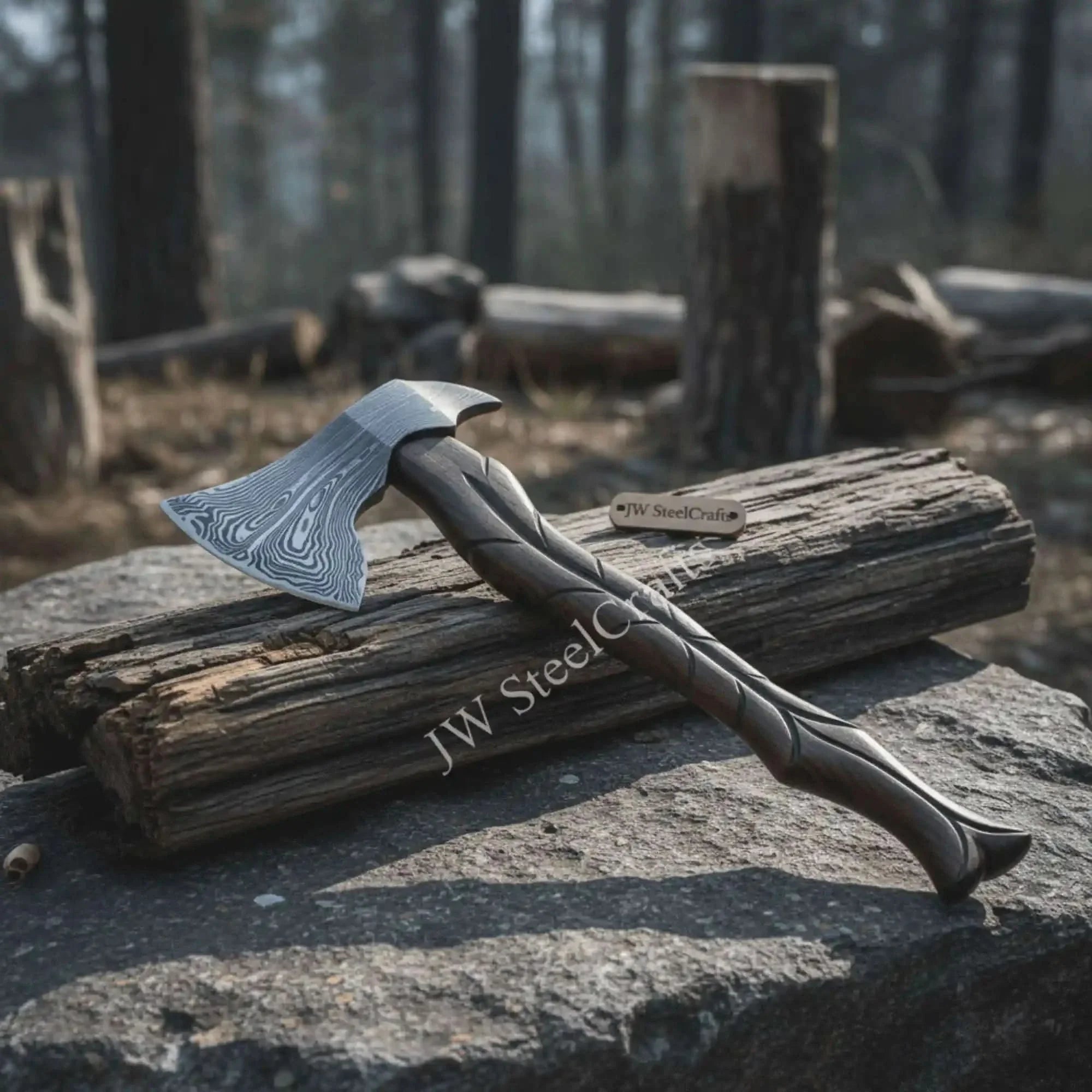 Hand-Forged Damascus Viking Axe – Carved Hardwood Handle | Bushcraft, Camping & Display Collectible by JW SteelCrafts, Southern handmade gift main product photo
