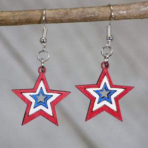 USA Stars Wooden Earrings | Patriotic American Flag Jewelry detail view by Cate's Concepts, LLC