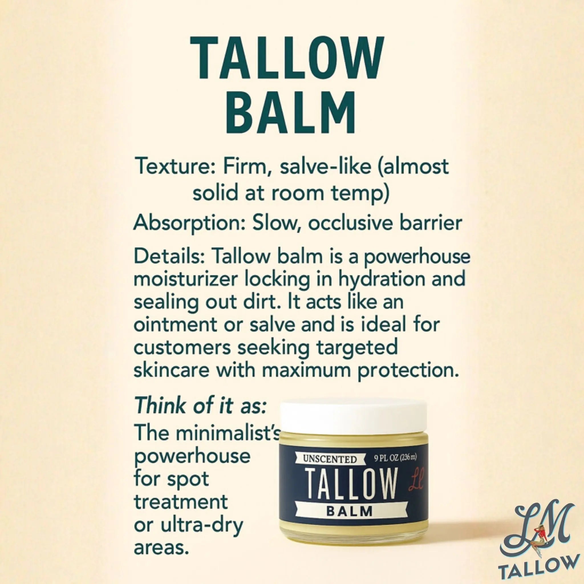 Unscented Tallow Balm | Natural Beef Tallow Vitamin E, Jojoba Moisturizer for Face & Body |Clean, Preservative-Free Skincare by Lady May The Lady May