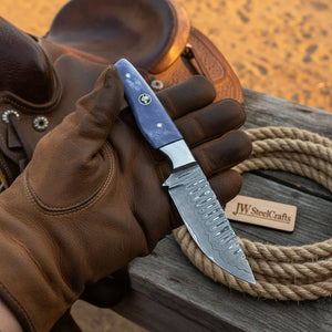 Patriot Ridge Skinner Knife 8" Premium Damascus with Blue Resin Handle