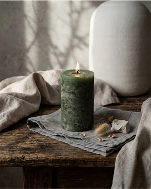 Forest green textured pillar candles by Believe Candle in multiple heights