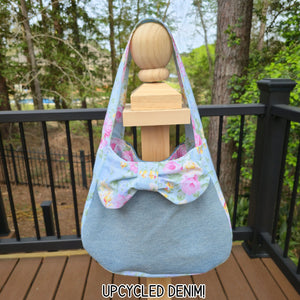 Upcycled Denim Shoulder Bag with Floral Bow, Handmade Denim Purse, Small Hobo Bag by Maypop House Designs, handmade leather goods main product photo