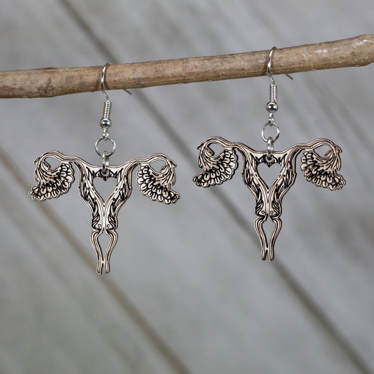 Uterus Wooden Earrings | Feminist Anatomy Statement Jewelry detail view by Cate's Concepts, LLC