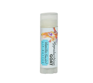 Lip balm tube with "Vanilla Swirl" and "Lip Butter" text and a goat illustration.