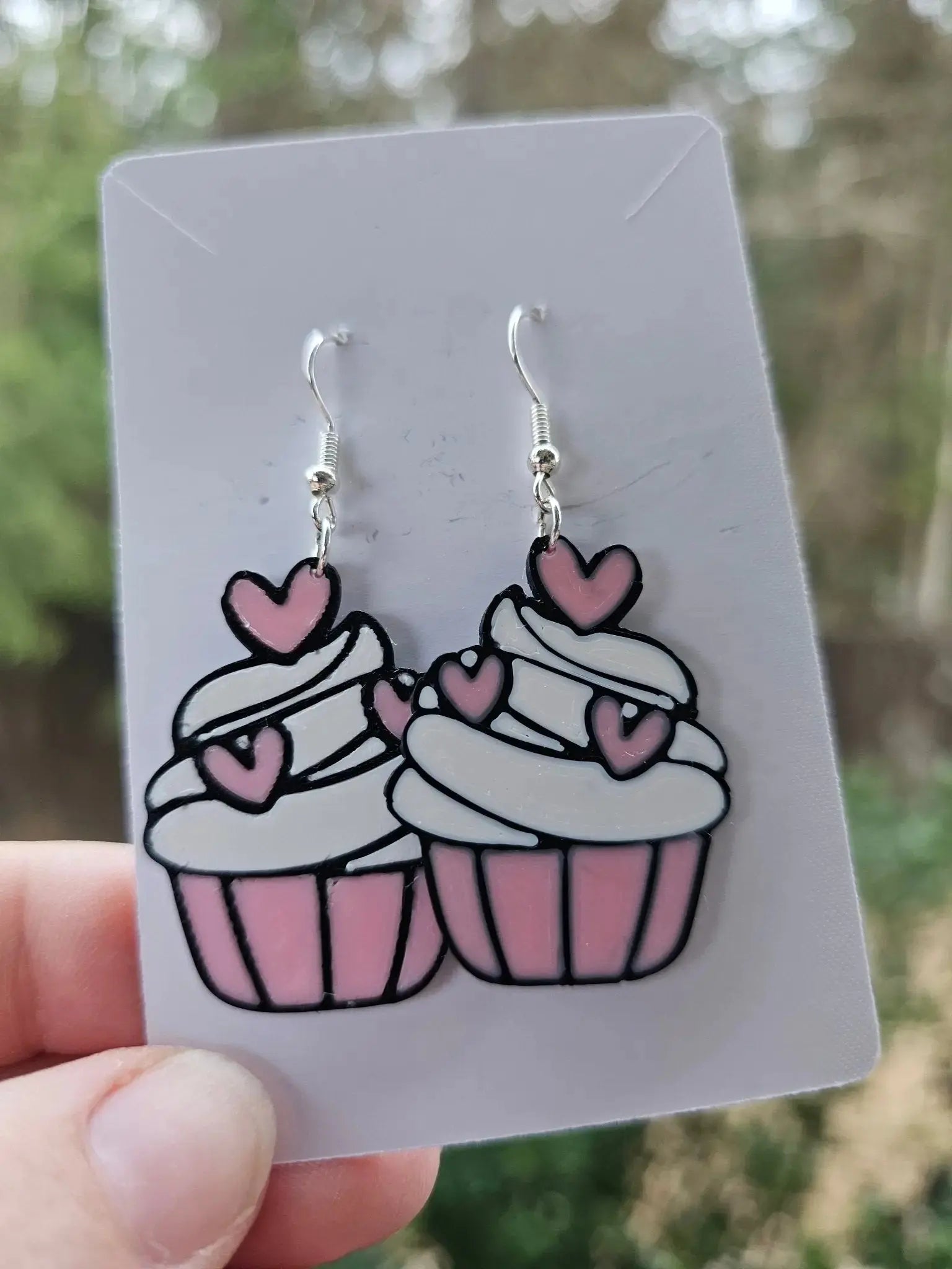 Valentine Cupcake Earrings: Pink Heart Dangle, Handmade by Main Street Collective. Cute Gift for Valentine's Day! Hooks or Clip-Ons.