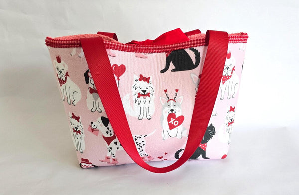 Pink tote bag with Valentine's dog print and red straps, handmade.