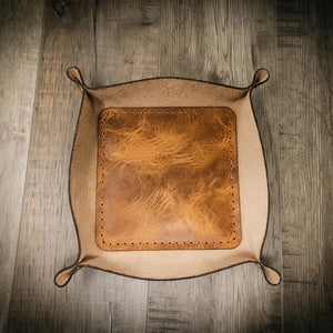 Leather valet tray for keys, wallet, and watch