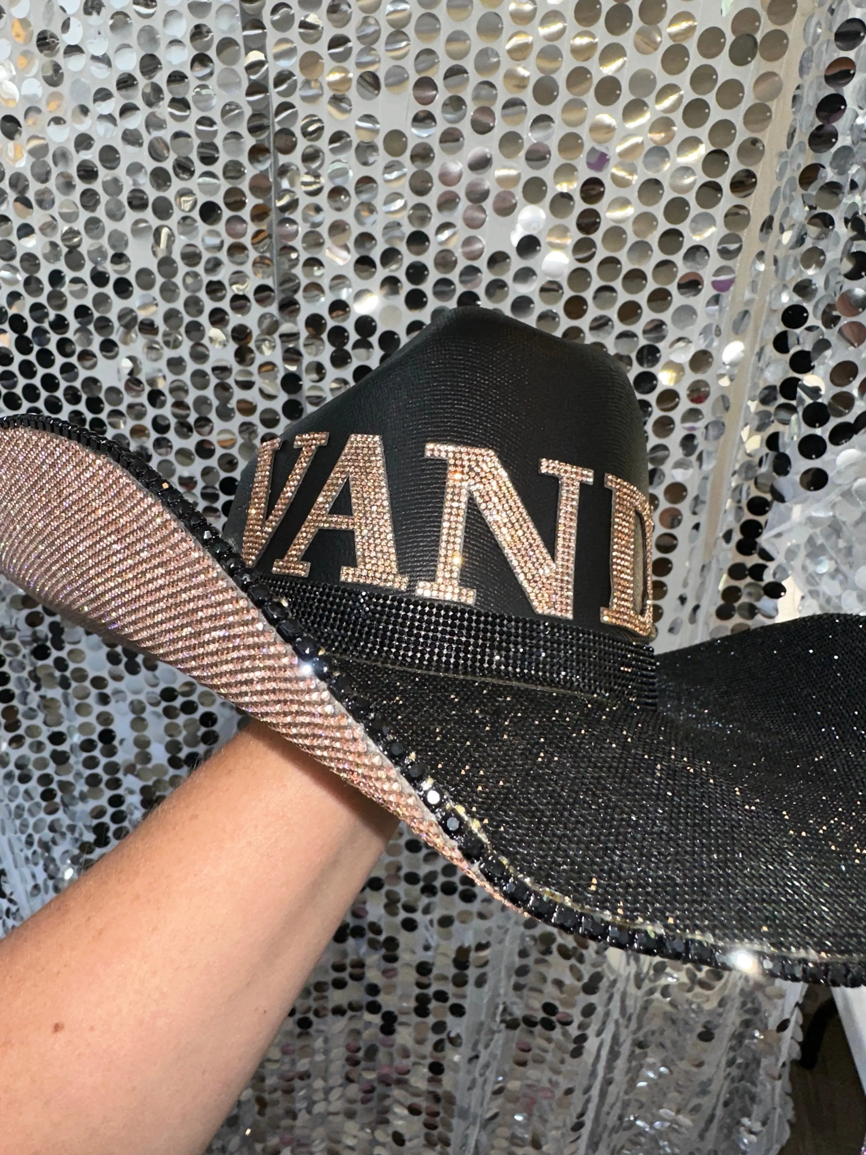 Black straw hat with VANDY rhinestone letters