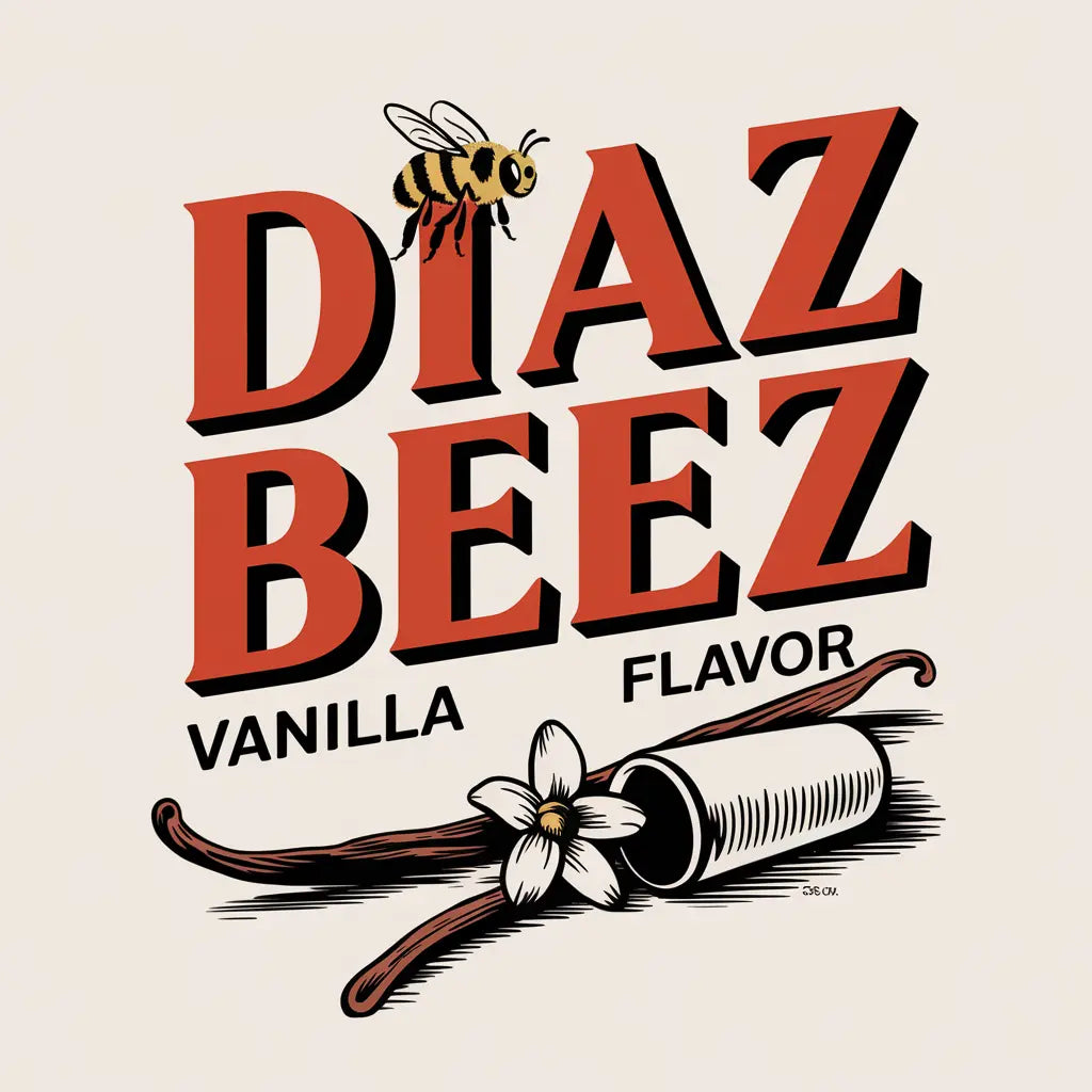 Diaz Beez Vanilla Lip Balm artwork featuring vanilla bean, beeswax, flower, and bee. Text: Diaz Beez Vanilla Flavor.
