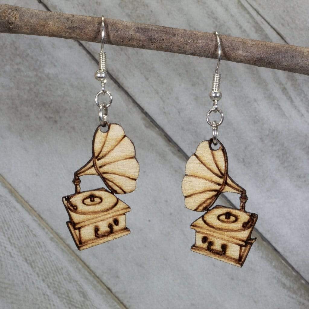 Victorian Gramophone Wooden Earrings | Vintage Music Jewelry by Cate's Concepts, LLC, handmade jewelry main product photo