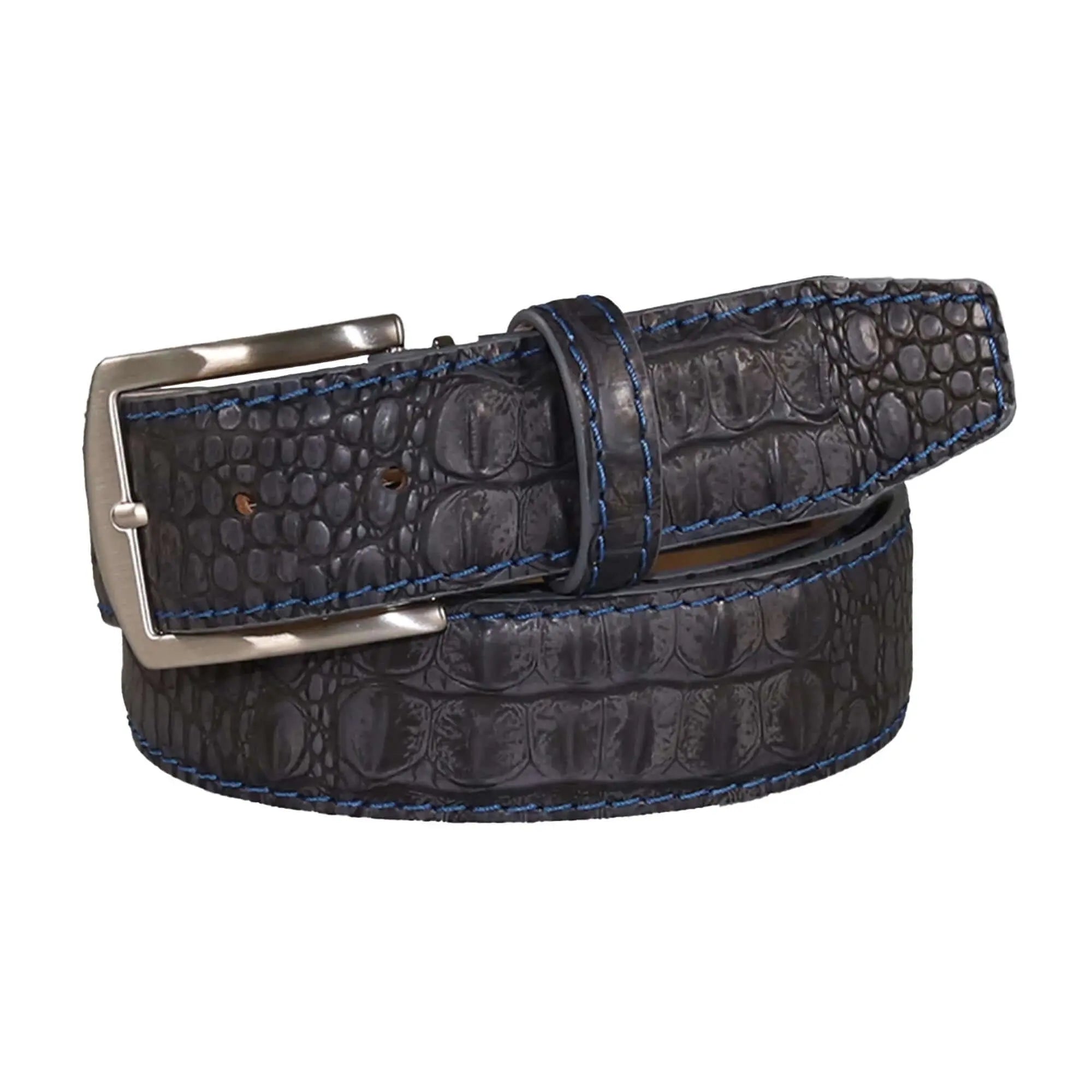 Close up of vintage gray mock croc leather belt texture and finish