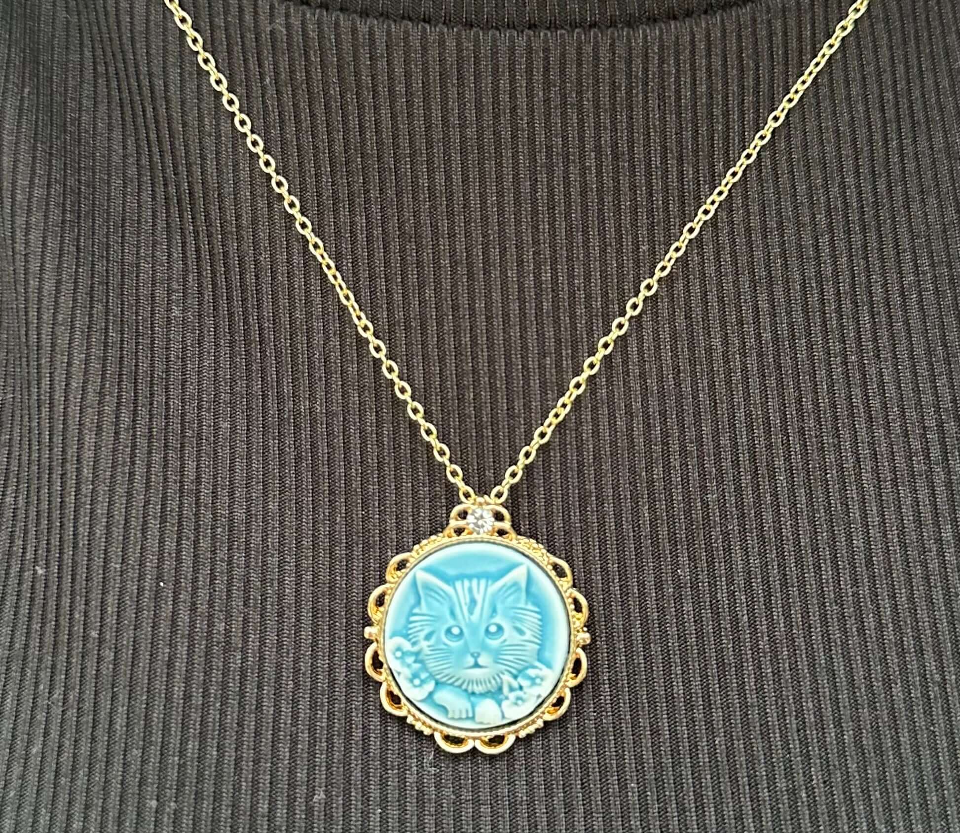 Vintage Blue Cat Necklace - Handmade Cottagecore Jewelry by Mushroom Lady Co. - Shop Now!