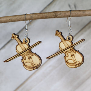 Violin Wooden Dangle Earrings | Music Instrument Jewelry detail view by Cate's Concepts, LLC