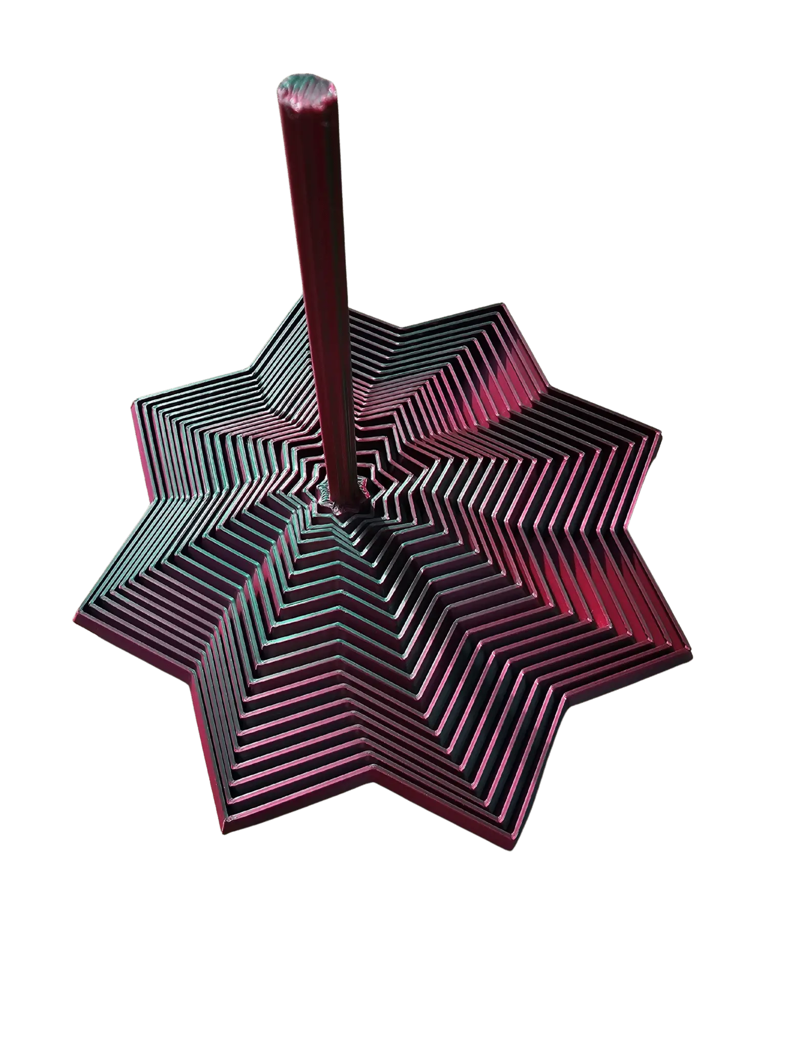 Expanding star fidget toy made of stacked 3D printed stars with a central rod.