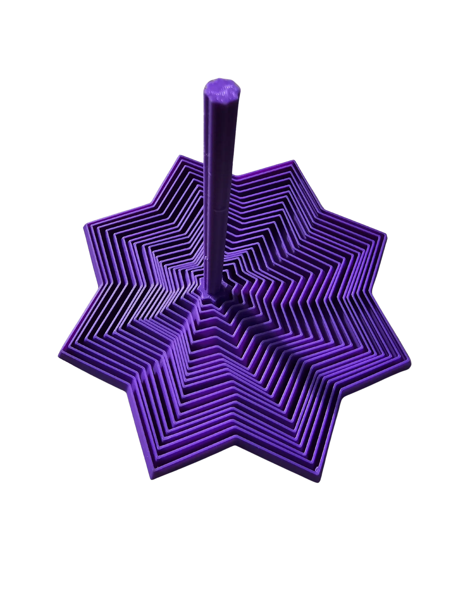 Purple 3D printed expanding star fidget toy with a central rod on a black background.