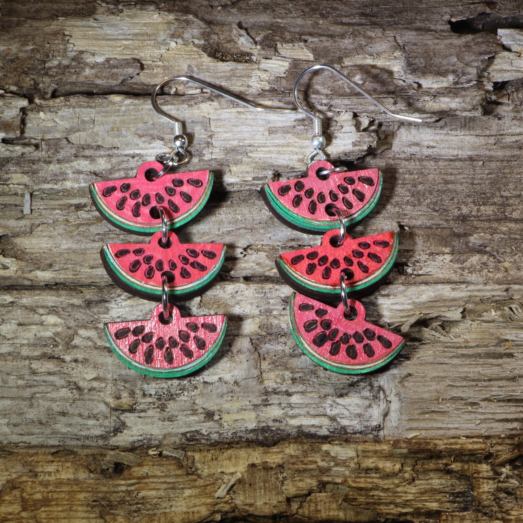 Watermelon Slice Cascade Wooden Dangle Earrings | Summer Fruit Jewelry