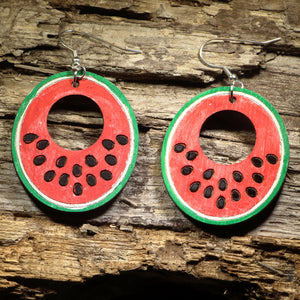 Watermelon Slice Hoop Wooden Dangle Earrings | Summer Fruit Jewelry