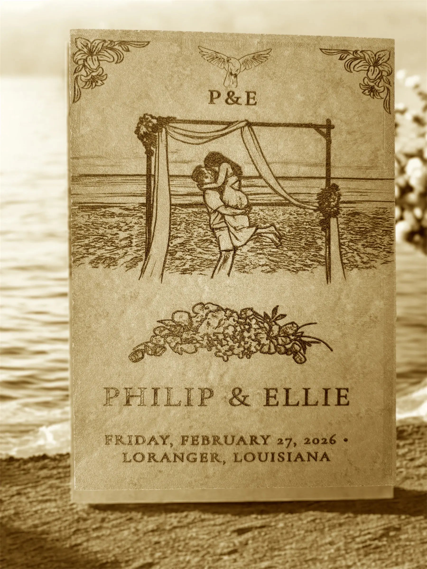 Wedding ceramic tile featuring the names PHILIP & ELLIE, date, and Loranger, Louisiana.
