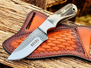 Western Knife with 3.4" Rasp Steel Blade & Antler Horn Handle by Damascus Knife Store, Damascus knife detail photo 3