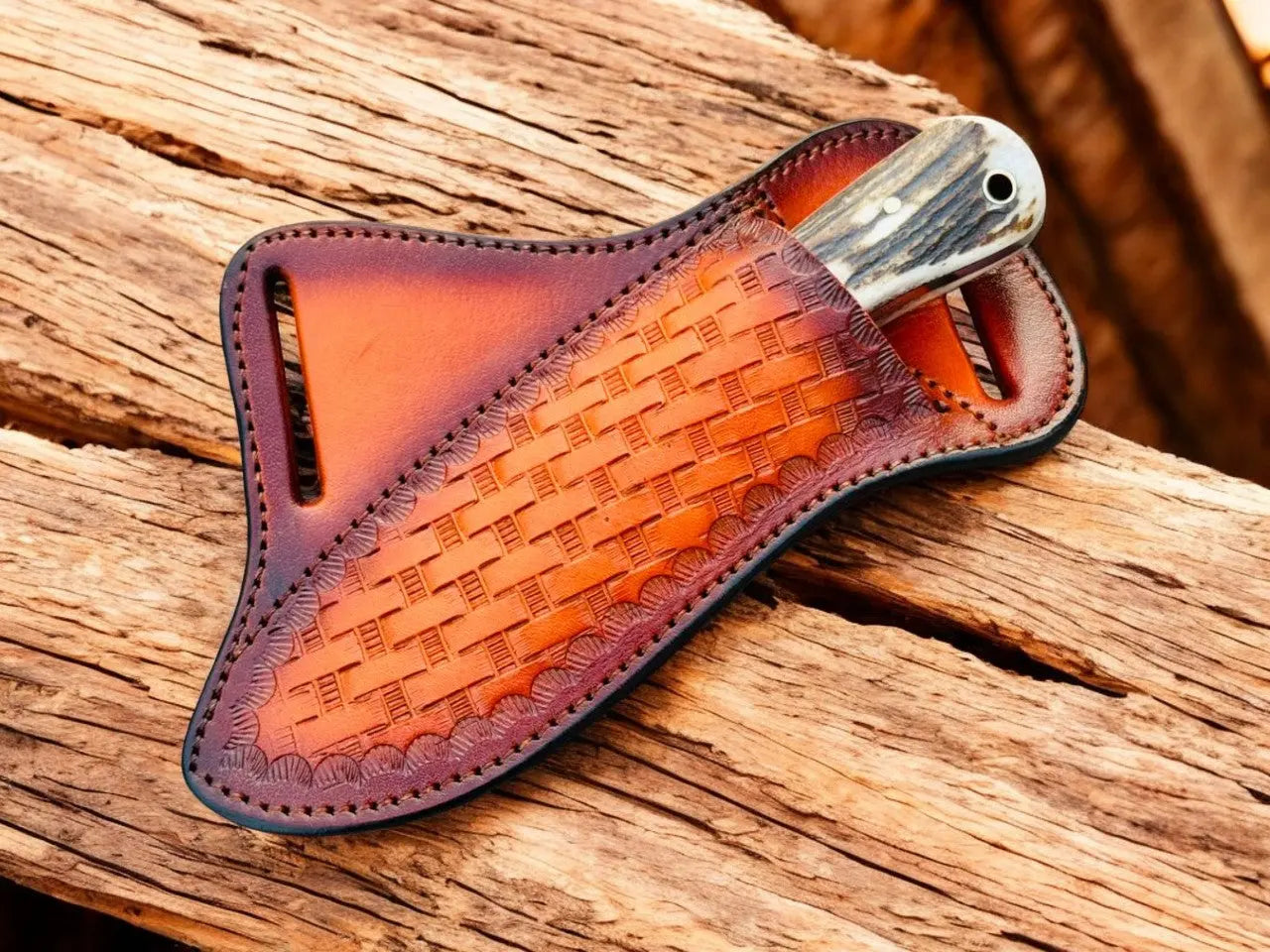 Western Knife with 3.4" Rasp Steel Blade & Antler Horn Handle by Damascus Knife Store, Damascus knife detail photo 4