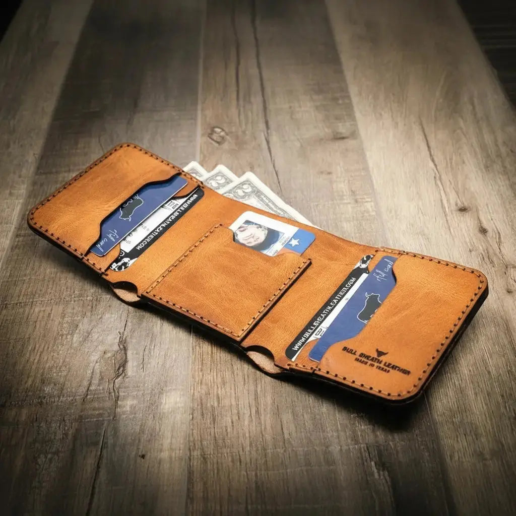 Western Trifold Wallet by Bull Sheath Leather, handmade leather goods detail photo 2