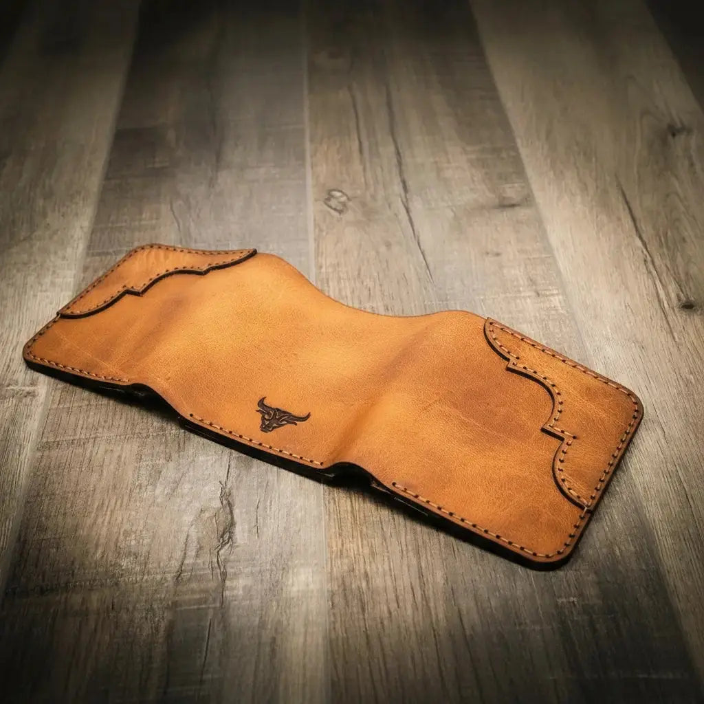 Western Trifold Wallet by Bull Sheath Leather, handmade leather goods detail photo 5