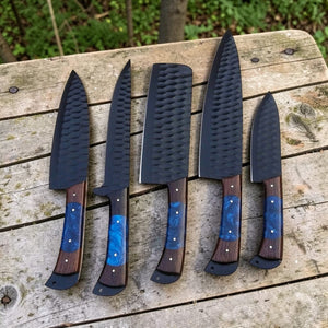 Custom Handmade Chef Knives Set / Kitchen Knives Set / 5Pcs Chef Set / Black Coated Blades Chef Knives Set / BBQ Knives Set / Best gift item / Mother Day Gift / Professional Chef For Gift