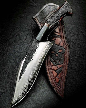 1095 Steel Bowie Knife | 12" | Camping & Hunting | Burl Antler & G10 Handle | Leather Sheath