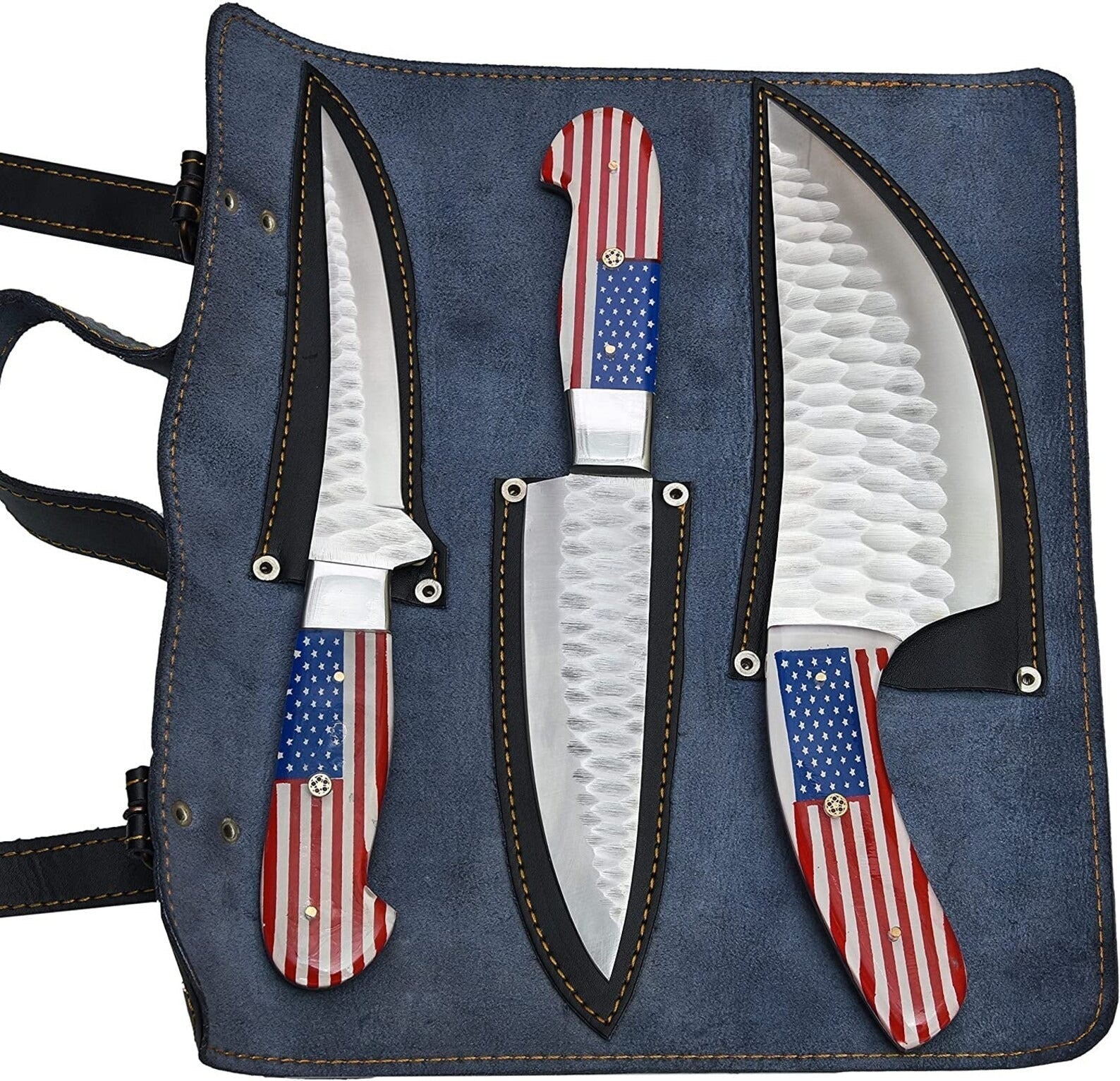 American Flag Handle Chef Knife Set | 3-Piece | 1095 Steel | Leather Roll Bag