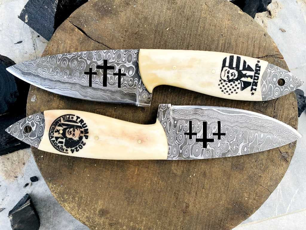 Damascus Hunting Knife Set | 2-Piece | Rain Drop Pattern | Camel Bone Handle